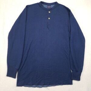 Duofold Henley Mens Large Blue Wool Blend Long Sleeve Thermal USA Made Vintage